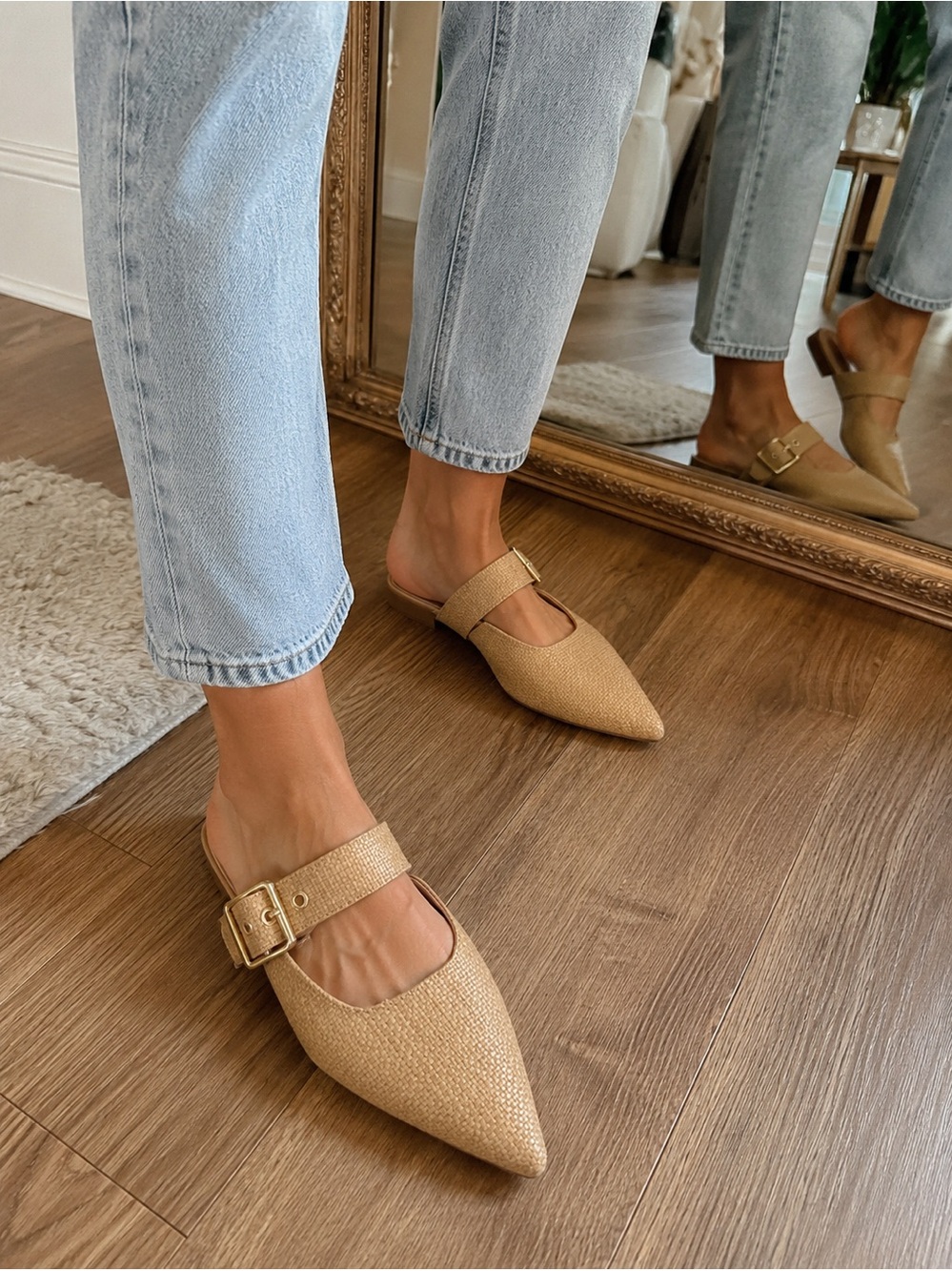 Esprit Tan Woven Pointed-Toe Buckle Mules